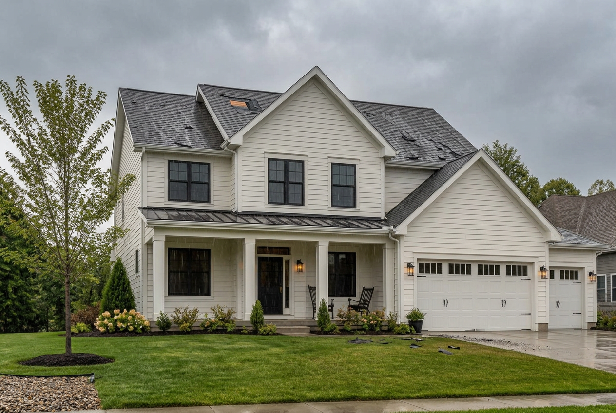 The same home with hail-damaged shingles during a storm